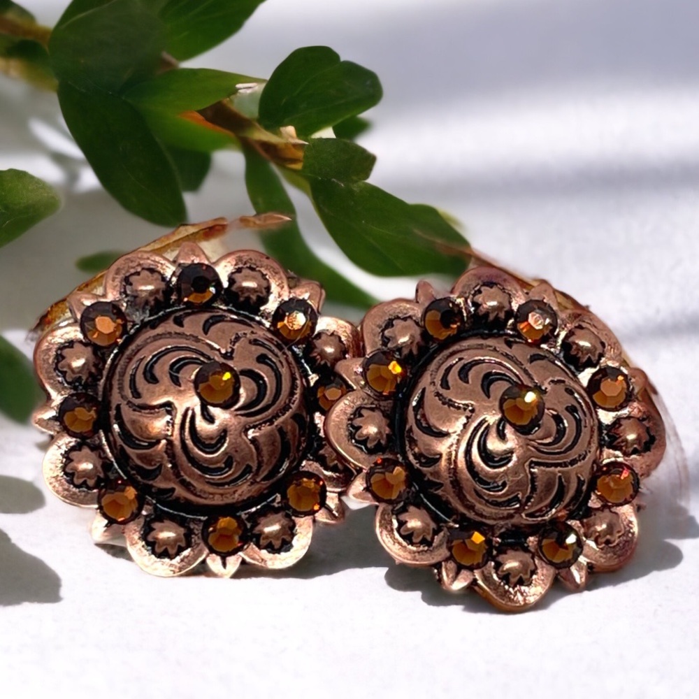 Copper engraved metal post earrings with dark topaz Swarovski crystals. Light…
